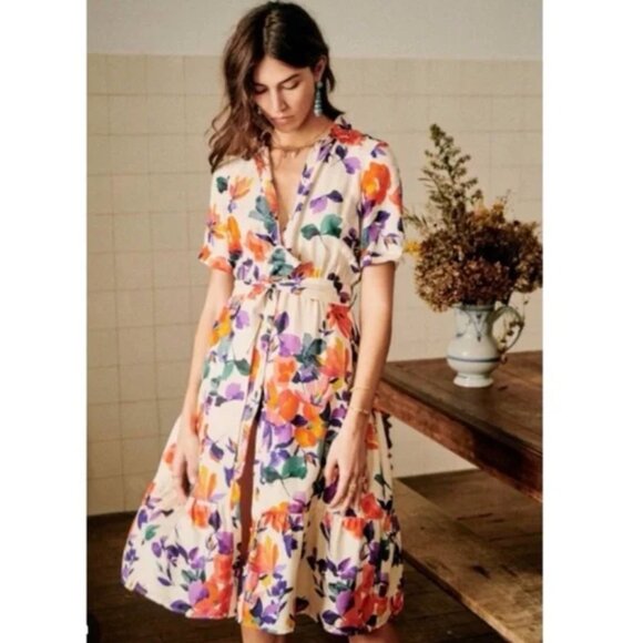 Sezane Dresses & Skirts - Sezane Floral Midi Dress in Cream with Orange & Purple Blossoms